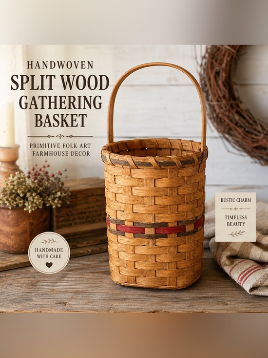 Other - Vintage Primitive Wood Gathering Basket With Handle Handwoven Splint Basket